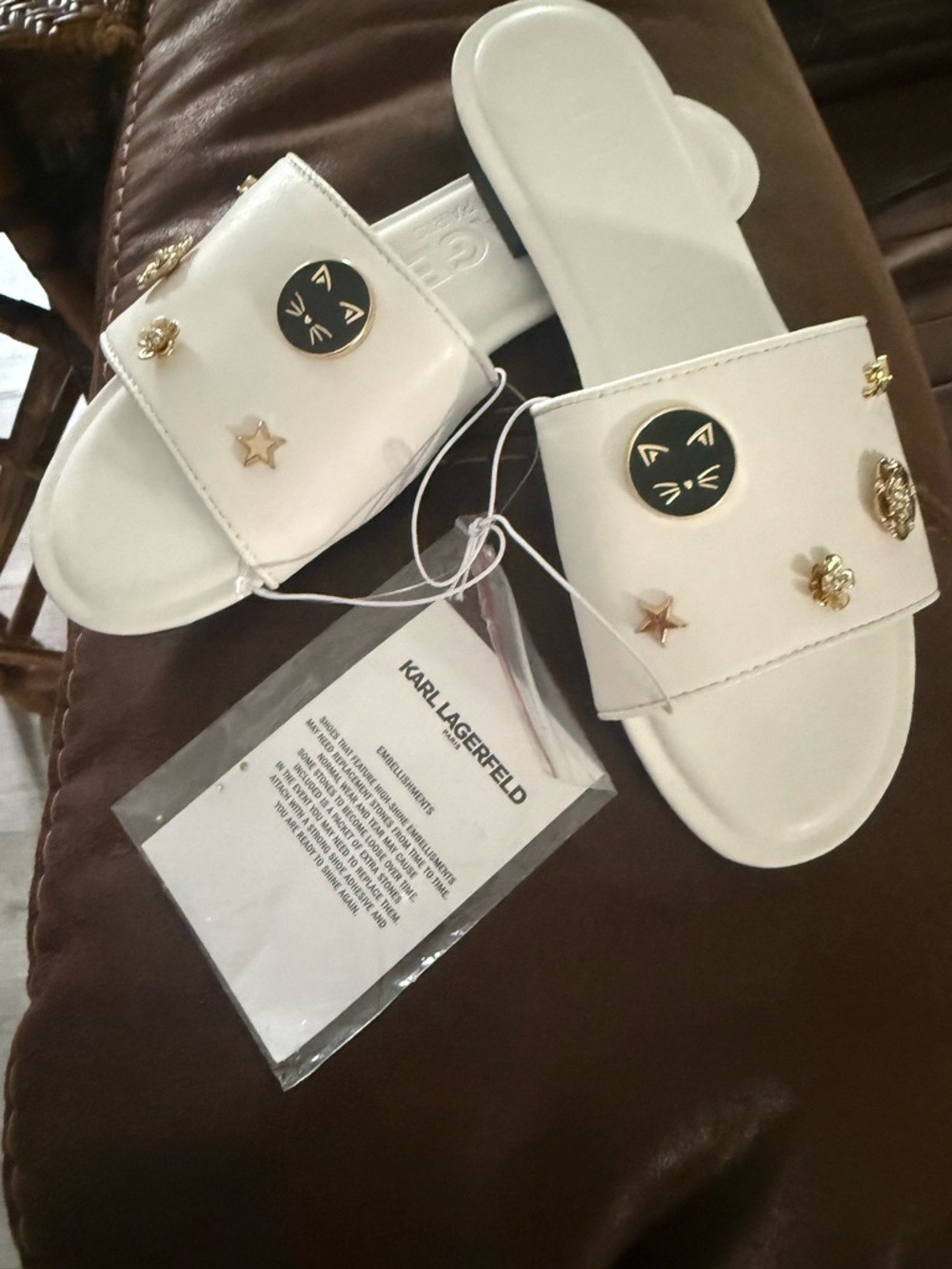 Karl Lagerfeld White Slide Sandals with Gold Cat & Star Charms